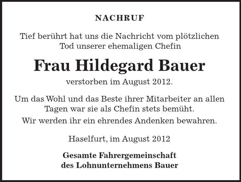 Traueranzeige Hildegard Bauer