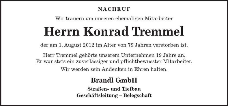 Traueranzeige Konrad Tremmel