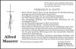 Traueranzeige Alfred Mauerer