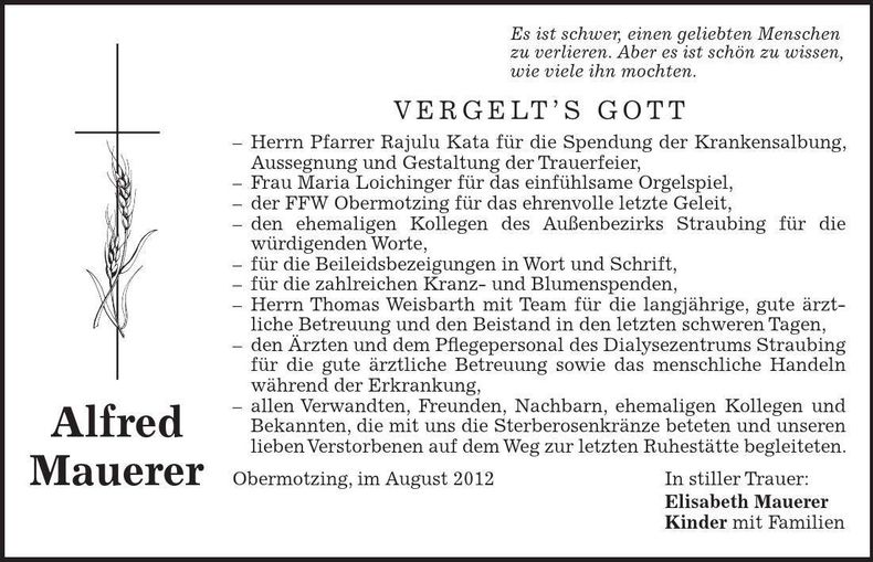 Traueranzeige Alfred Mauerer