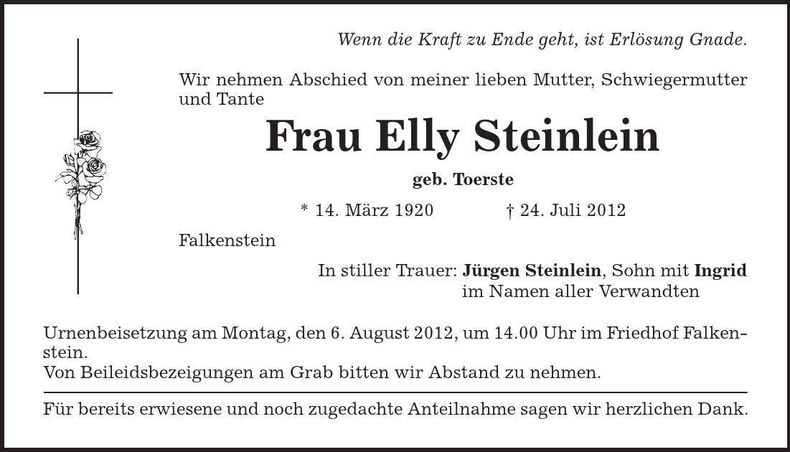 Traueranzeige Elly Steinlein