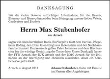 Traueranzeige Max Stubenhofer