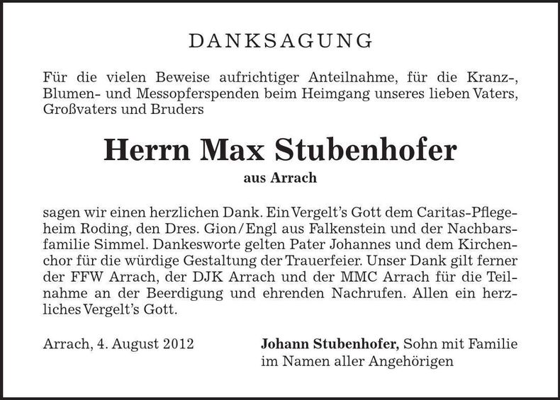 Traueranzeige Max Stubenhofer
