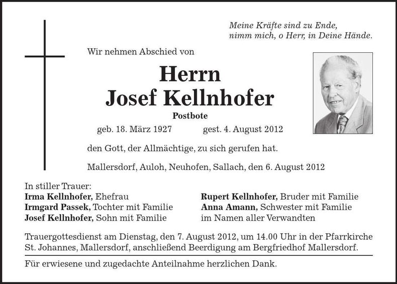 Traueranzeige Josef Kellnhofer