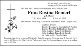 Traueranzeige Rosina Bemerl