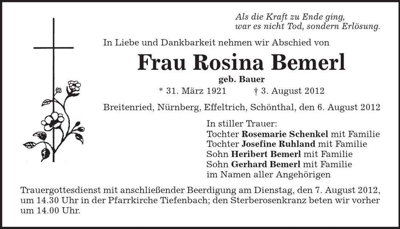 Traueranzeige Rosina Bemerl