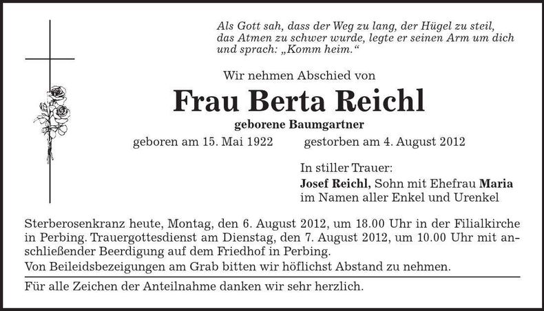 Traueranzeige Berta Reichl