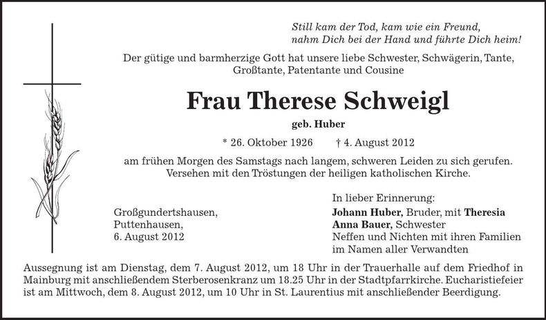 Traueranzeige Therese Schweigl