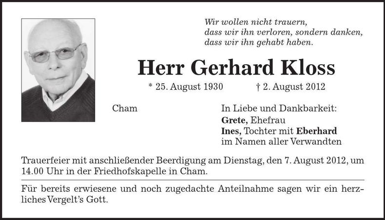 Traueranzeige Gerhard Kloss