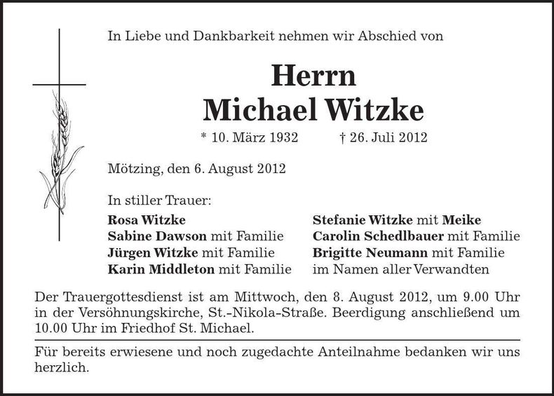 Traueranzeige Michael Witzke