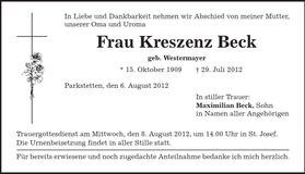 Traueranzeige Kreszenz Beck