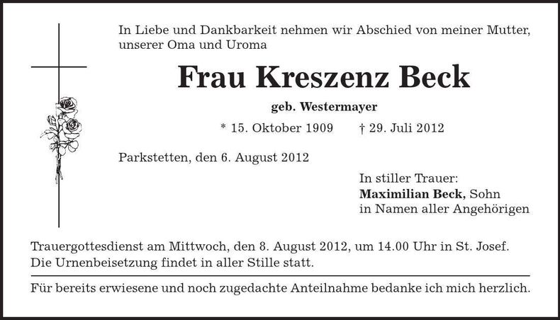 Traueranzeige Kreszenz Beck