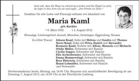 Traueranzeige Maria Kaml