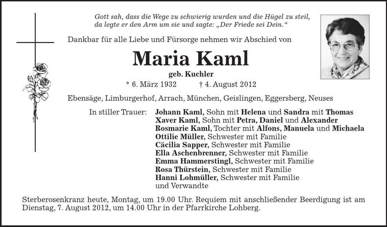 Traueranzeige Maria Kaml