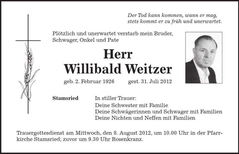 Traueranzeige Willibald Weitzer