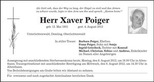 Traueranzeige Xaver Poiger