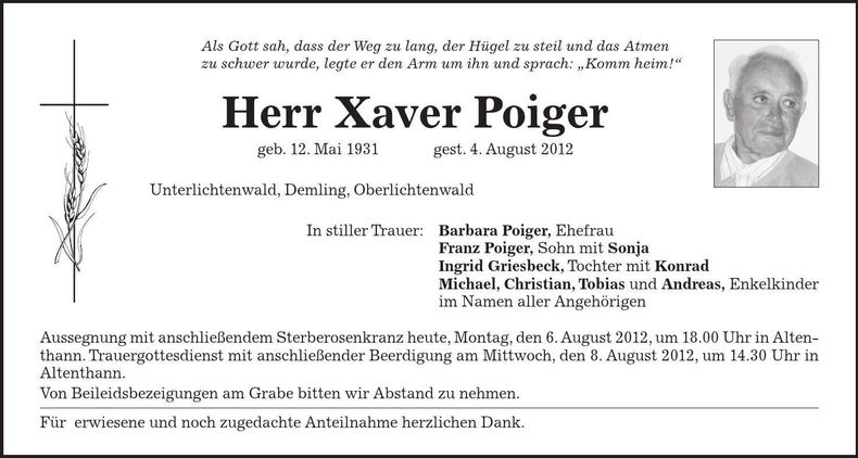Traueranzeige Xaver Poiger