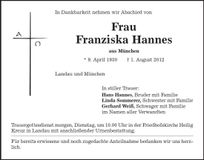 Traueranzeige Franziska Hannes
