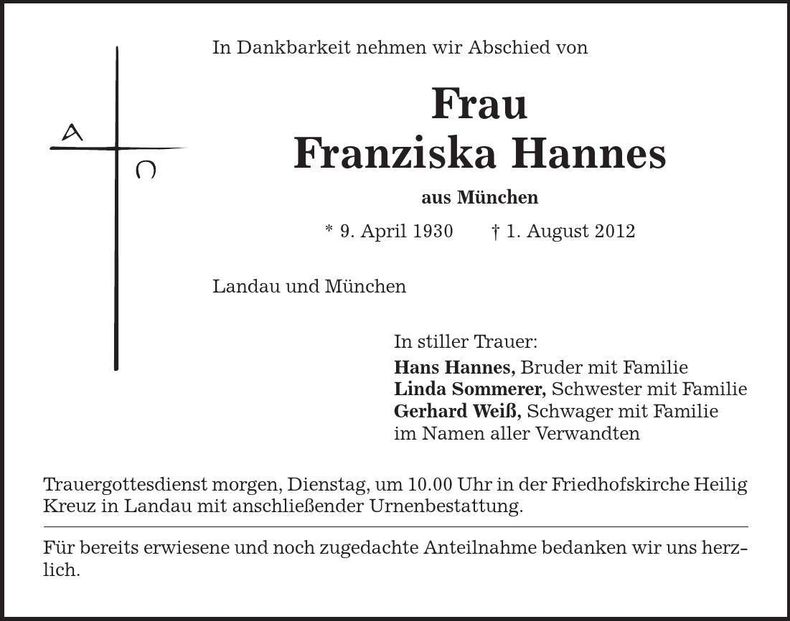Traueranzeige Franziska Hannes