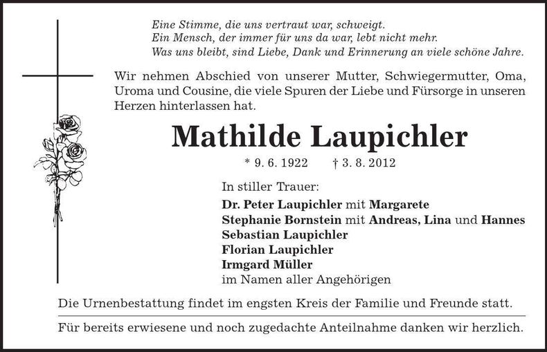 Traueranzeige Mathilde Laupichler