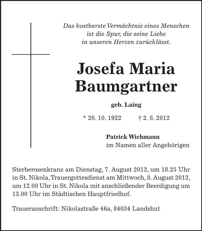 Traueranzeige Josefa Maria Baumgartner
