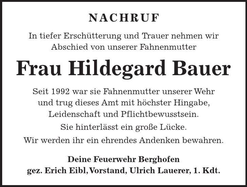 Traueranzeige Hildegard Bauer