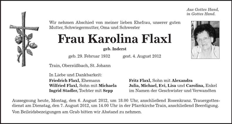 Traueranzeige Karolina Flaxl