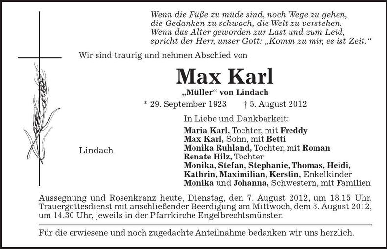 Traueranzeige Max Karl