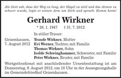 Traueranzeige Gernhard Wirkner