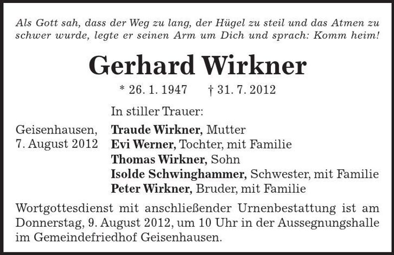 Traueranzeige Gernhard Wirkner