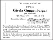 Traueranzeige Gisela Guggenberger