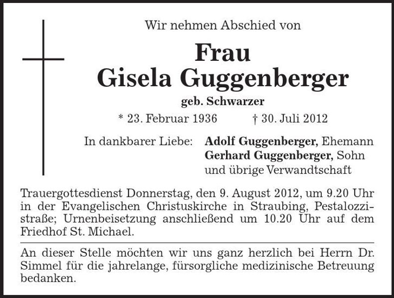 Traueranzeige Gisela Guggenberger