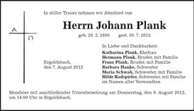 Traueranzeige Johann Plank