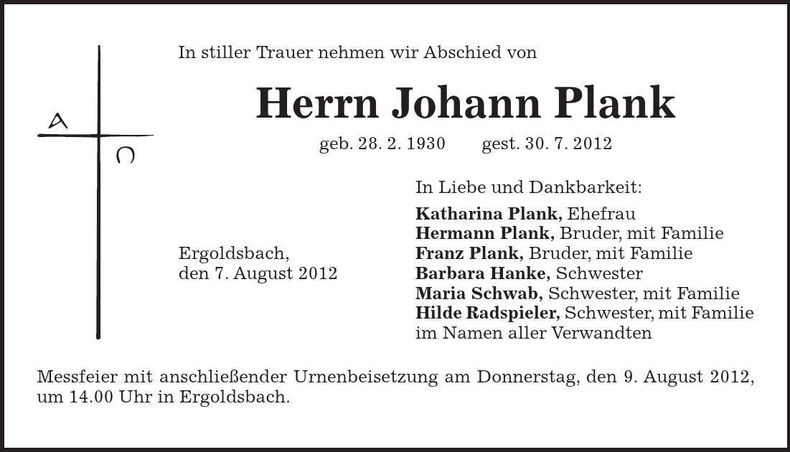 Traueranzeige Johann Plank