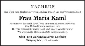Traueranzeige Maria Kaml