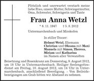 Traueranzeige Anna Wetzl