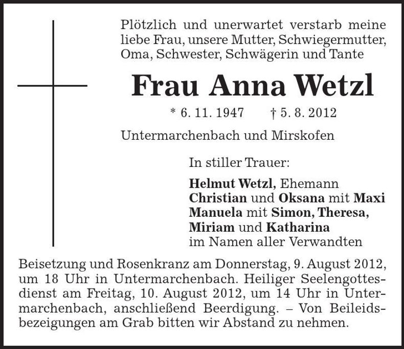 Traueranzeige Anna Wetzl