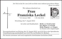 Traueranzeige Franziska Leckel