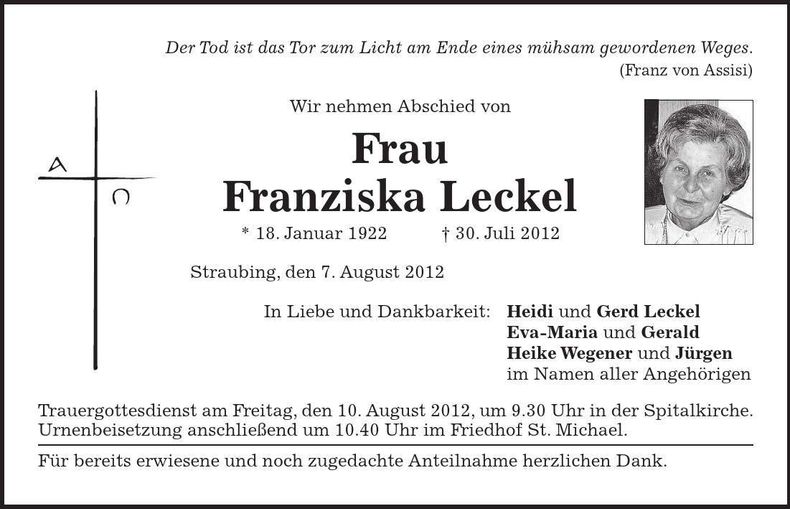Traueranzeige Franziska Leckel