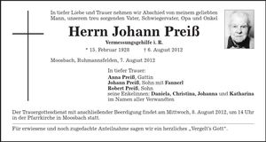 Traueranzeige Johann Preiß