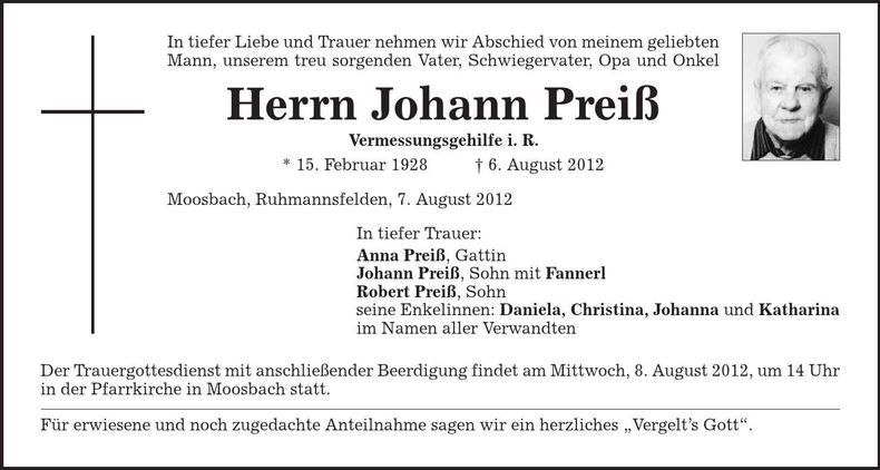 Traueranzeige Johann Preiß
