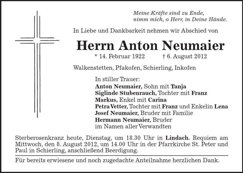Traueranzeige Anton Neumaier