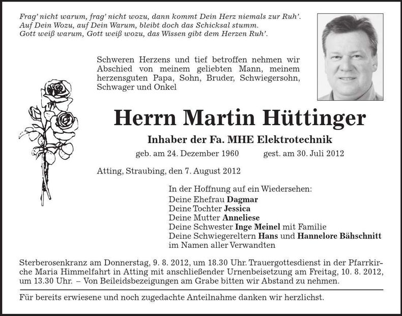 Traueranzeige Martin Hüttinger