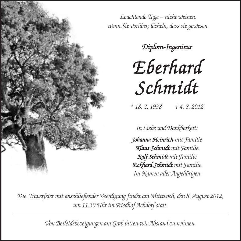 Traueranzeige Eberhard Schmidt