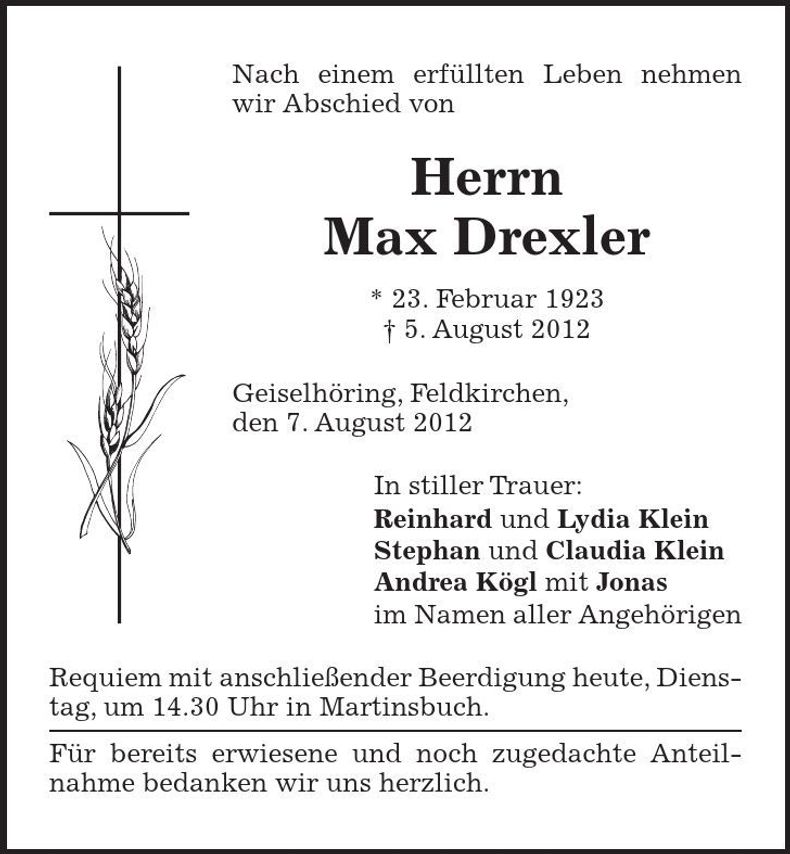 Traueranzeige Max Drexler