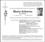 Traueranzeige Maria Schwetz