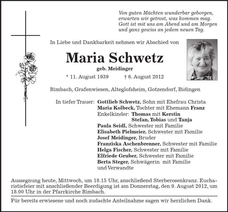 Traueranzeige Maria Schwetz