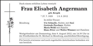 Traueranzeige Elisabeth Angermann
