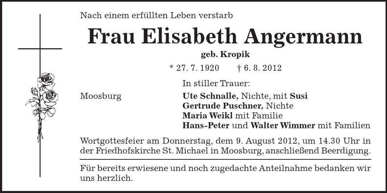 Traueranzeige Elisabeth Angermann