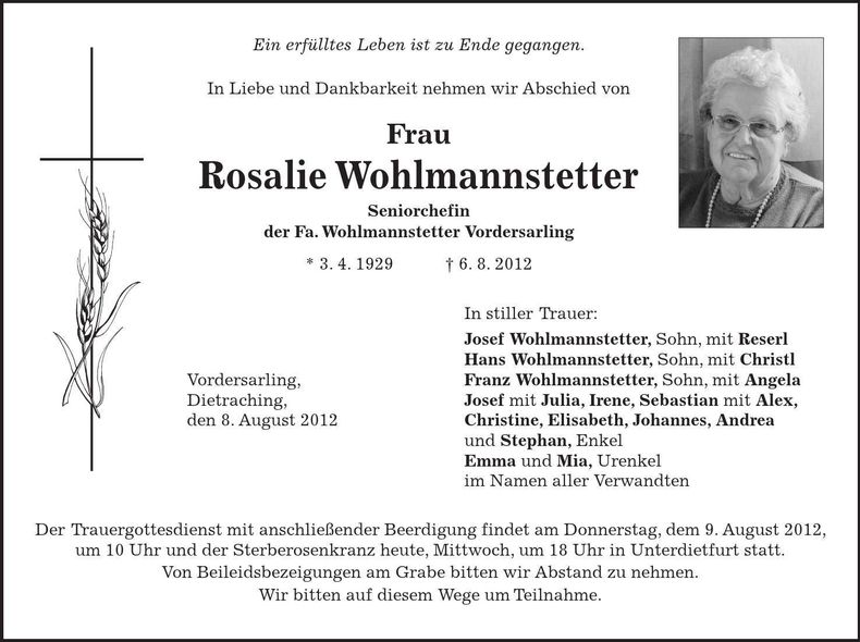Traueranzeige Rosalie Wohlmannstetter